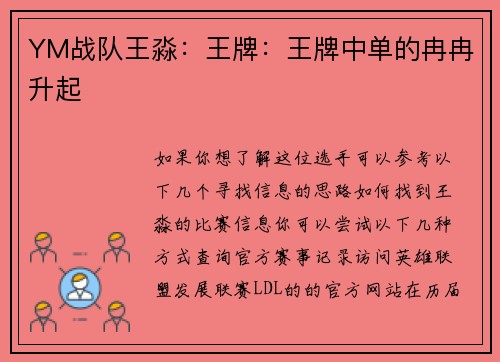 YM战队王淼：王牌：王牌中单的冉冉升起